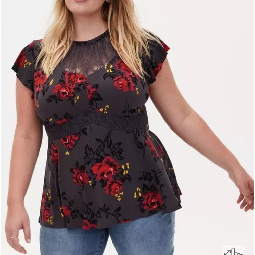 Torrid studio knit crew neck lace insert short sleeve peplum top